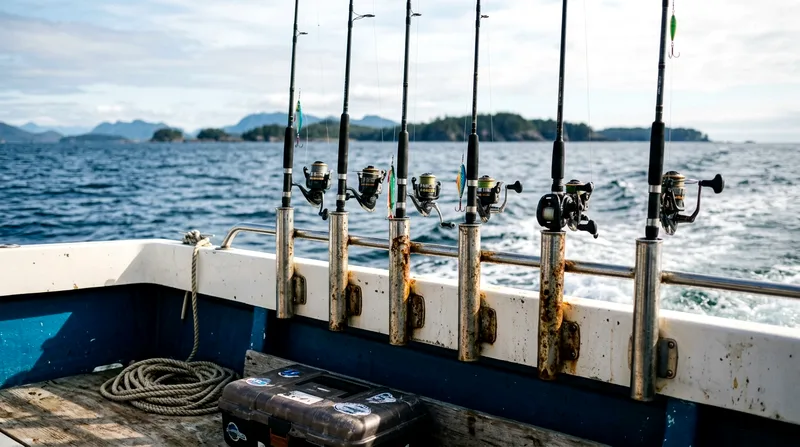 Fishing tackle and rods stored in rod holders along boat's cabin edge