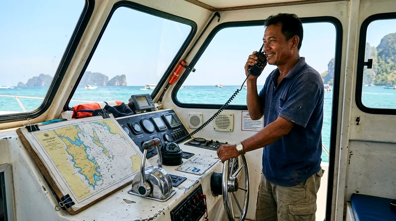 Speedboat captain checking VHF radio and navigation chart during open water travel