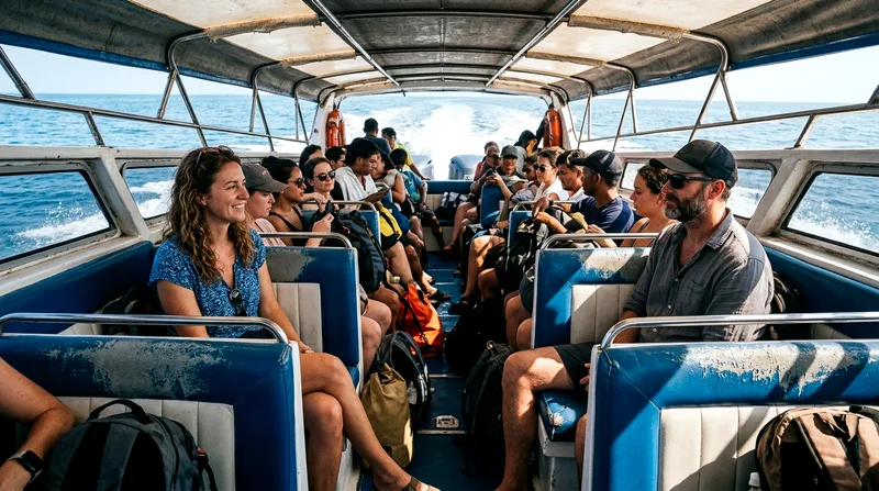 Two solo travelers sitting separately on packed speedboat benches
