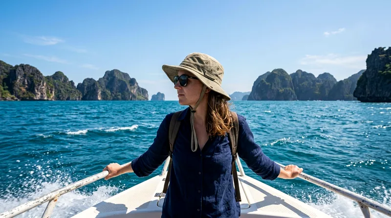Tourist wearing polarized sunglasses and wide-brim sun hat on boat bow