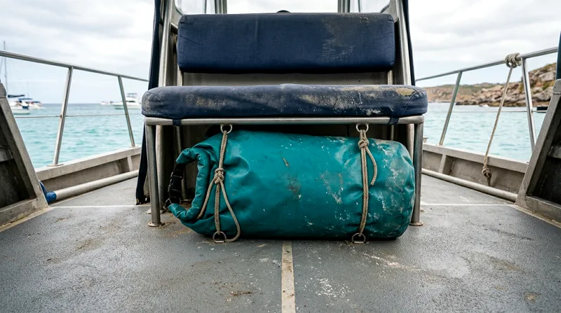 Rolled-top dry bag stored under speedboat cabin bench seat