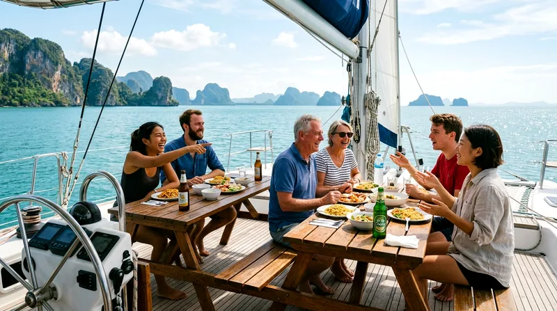 International backpackers mingling on catamaran's open upper deck during lunch