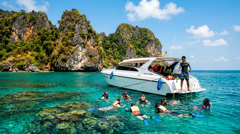 Island-hopping speedboat anchored off Koh Wao with snorkelers visible below water