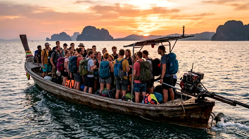 Budget group sunset cruise on crowded basic wooden longtail at dusk