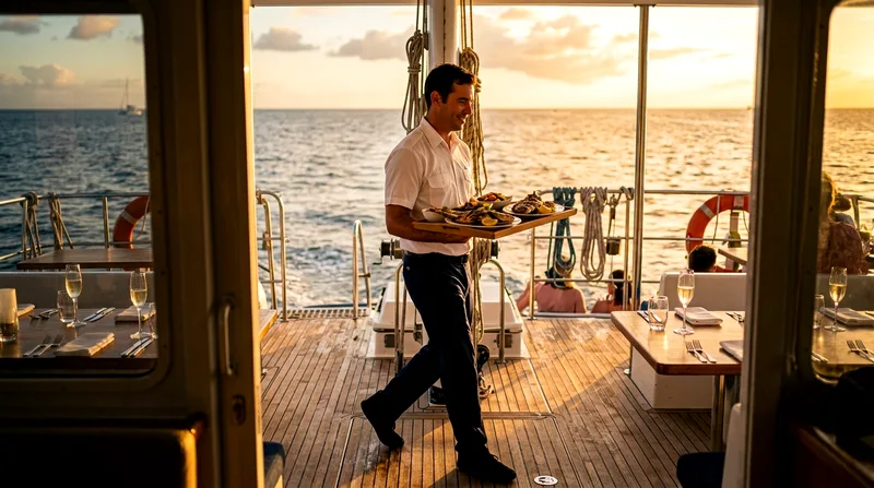 Server carrying multi-course dinner plate across rocking boat deck at dusk