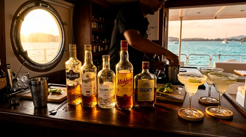 Open bar display with bottles and cocktails lined up during sunset cruise service
