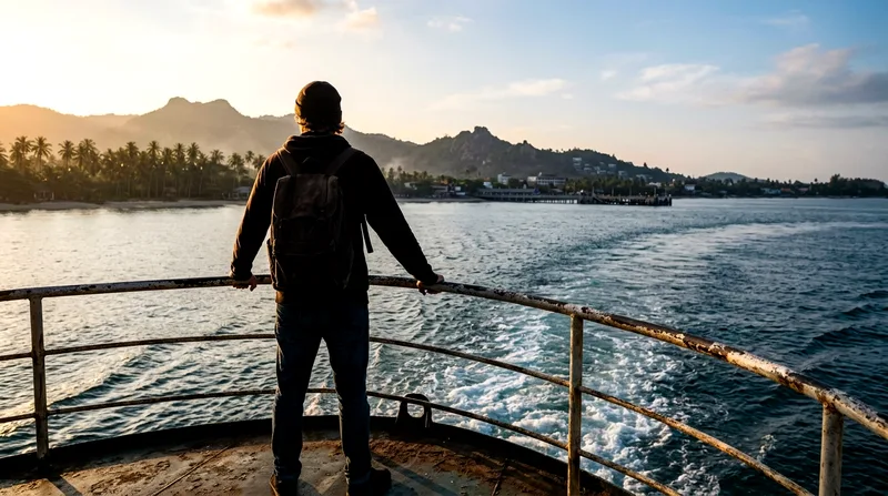 Solo traveler standing at ferry bow railing watching Samui coastline recede