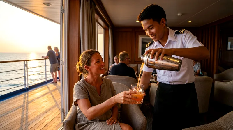 Crew member pouring cocktail on catamaran's open upper deck at sunset